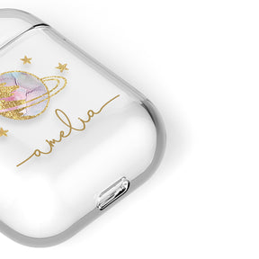 Personalised AirPods Case Clear Cover Custom Name Golden Planet Stars