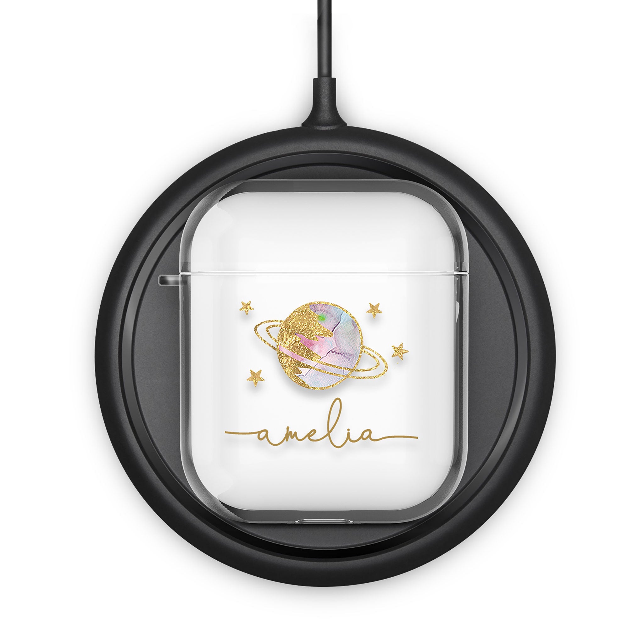Personalised AirPods Case Clear Cover Custom Name Golden Planet Stars