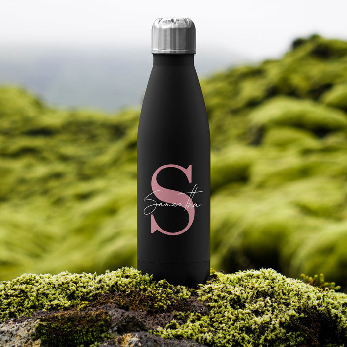 Personalised Water Bottle - Monogram Pink on Black