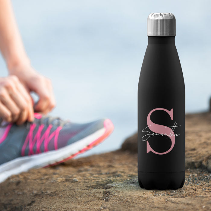 Personalised Water Bottle - Monogram Pink on Black