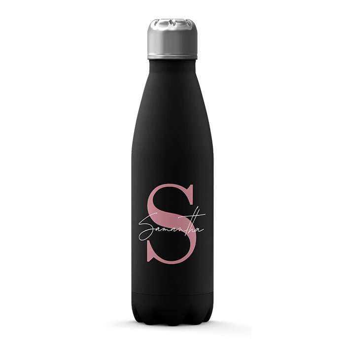 Personalised Water Bottle - Monogram Pink on Black