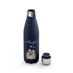 Personalised Water Bottle - Kitty Cat Kawaii on Blue