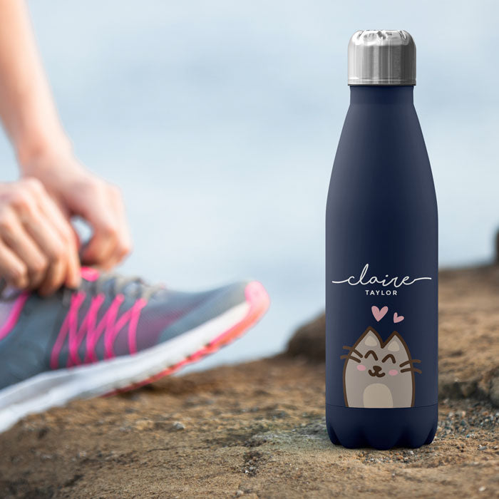 Personalised Water Bottle - Kitty Cat Kawaii on Blue