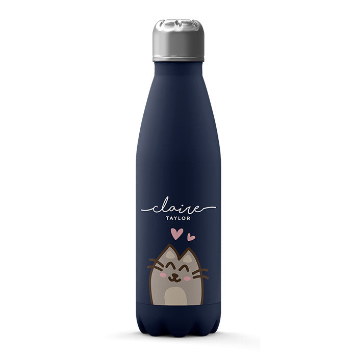 Personalised Water Bottle - Kitty Cat Kawaii on Blue