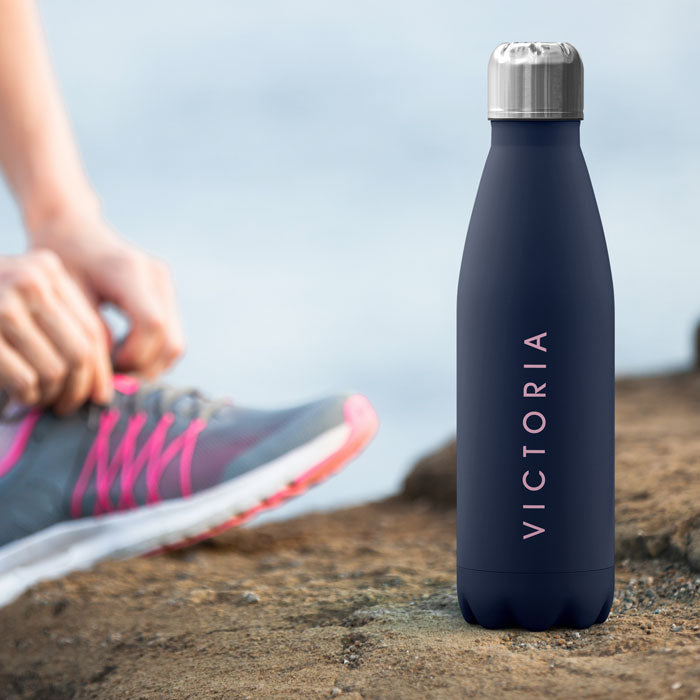 Personalised Water Bottle - Pink Name on Blue