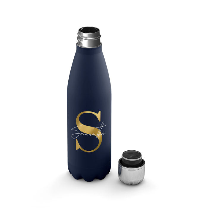 Personalised Water Bottle - Golden Monogram on Blue