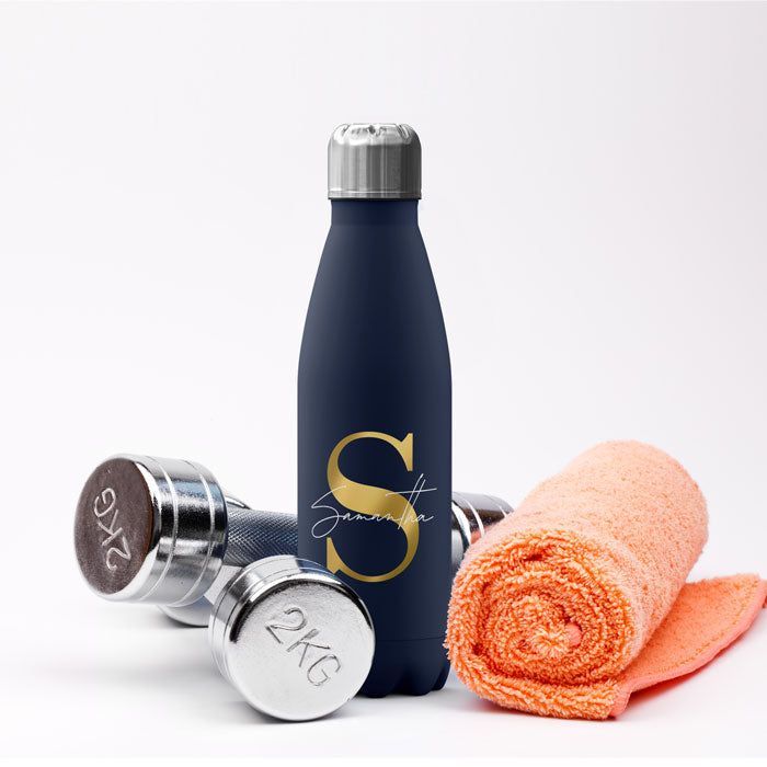 Personalised Water Bottle - Golden Monogram on Blue