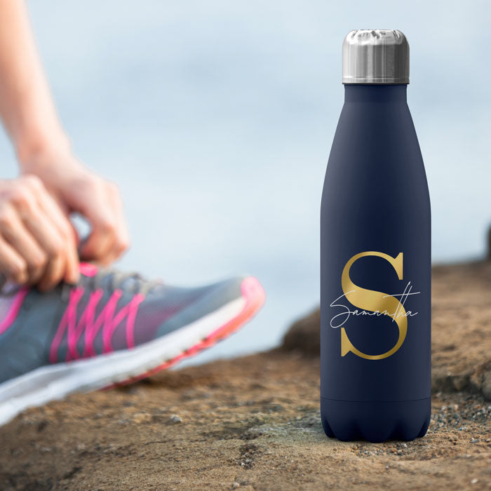 Personalised Water Bottle - Golden Monogram on Blue