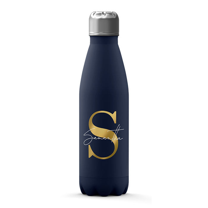 Personalised Water Bottle - Golden Monogram on Blue