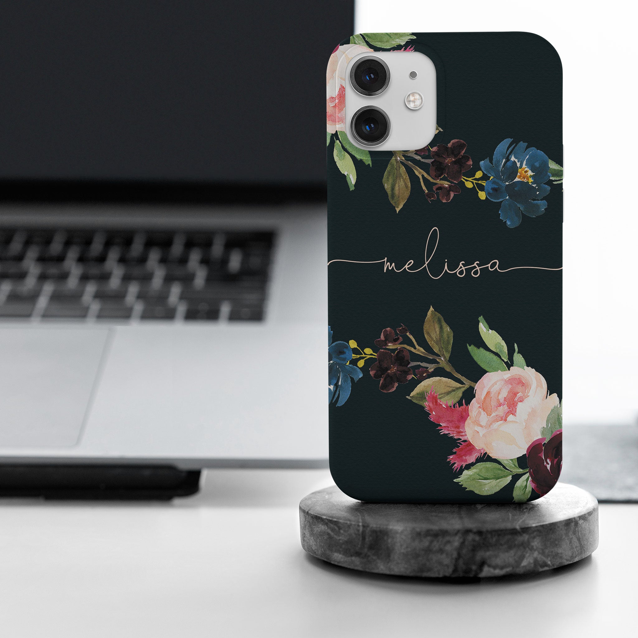 Personalised Hard Phone Case Black Floral Roses