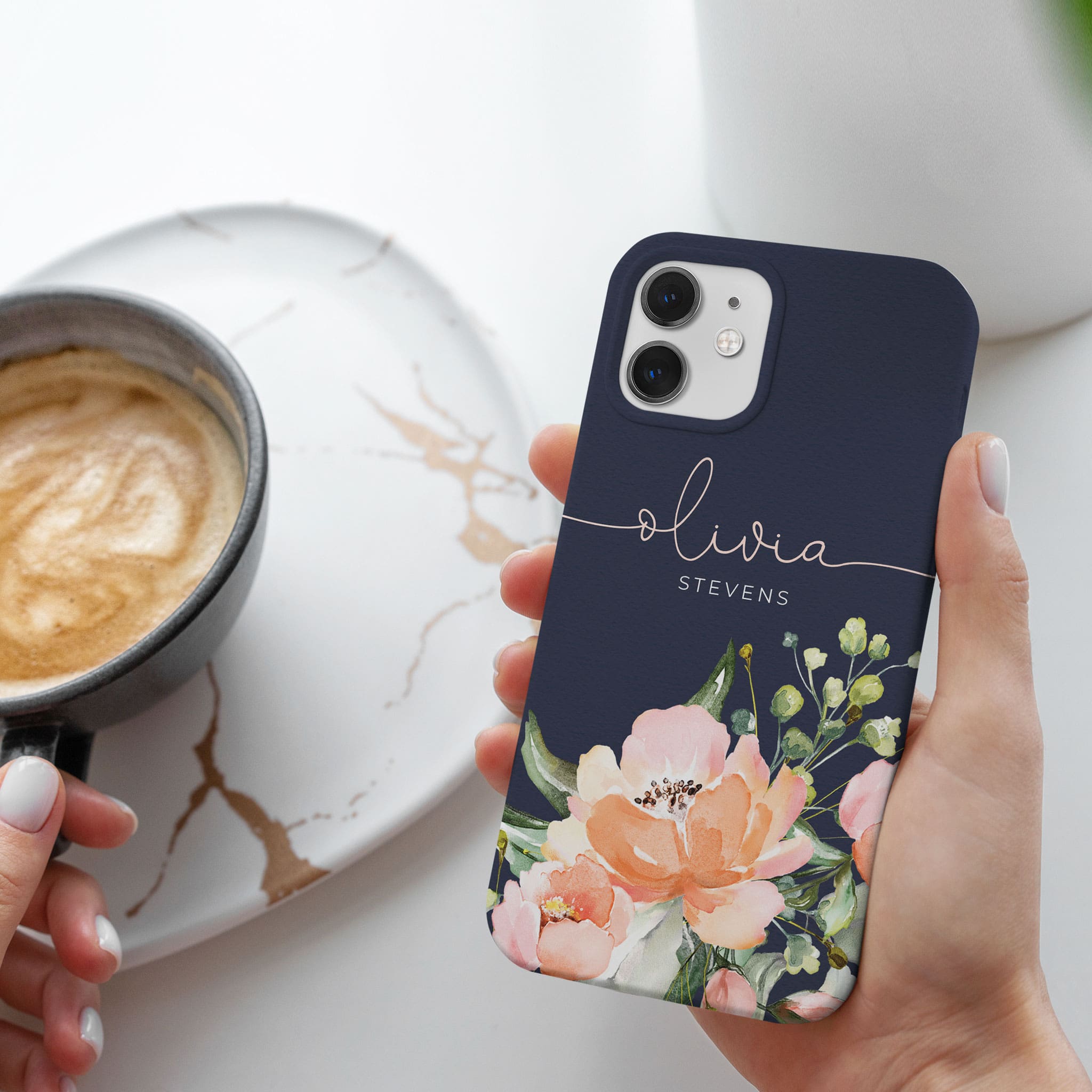 Personalised Hard Phone Case Blue Floral Rose Bloom