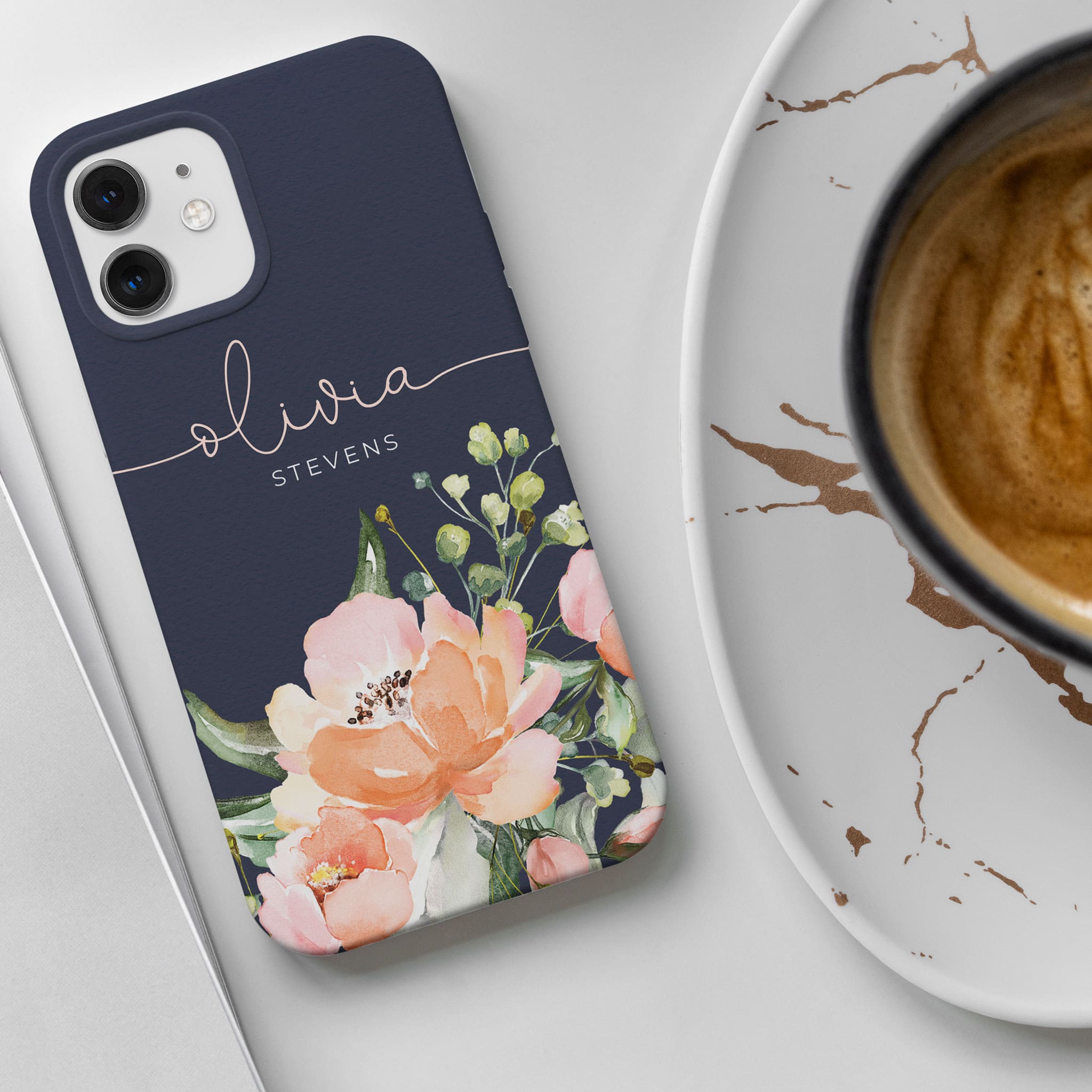 Personalised Hard Phone Case Blue Floral Rose Bloom