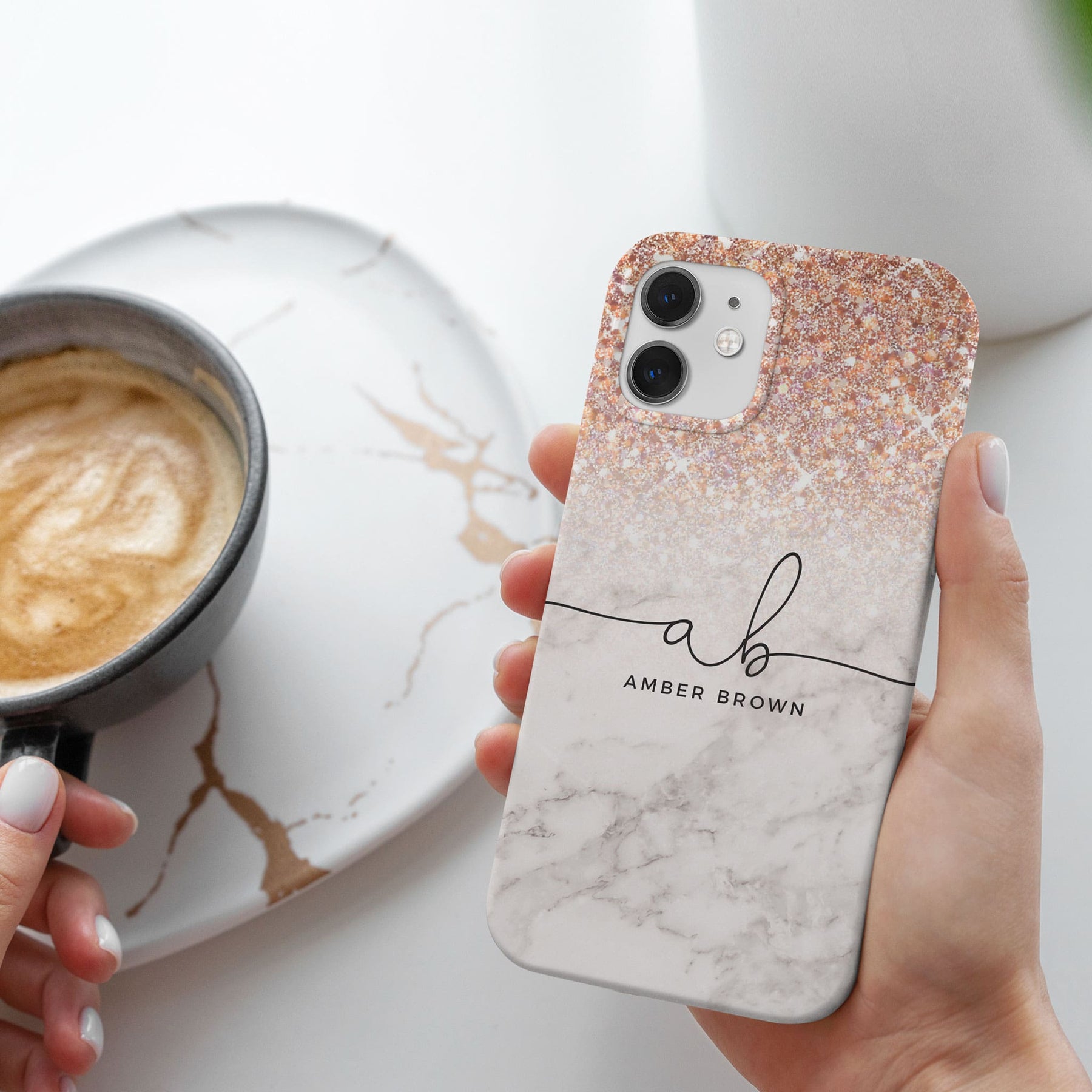 Personalised Hard Phone Case Golden Glitter Marble
