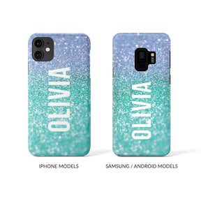 Personalised Hard Phone Case Marble Turquoise Blue Sparkle
