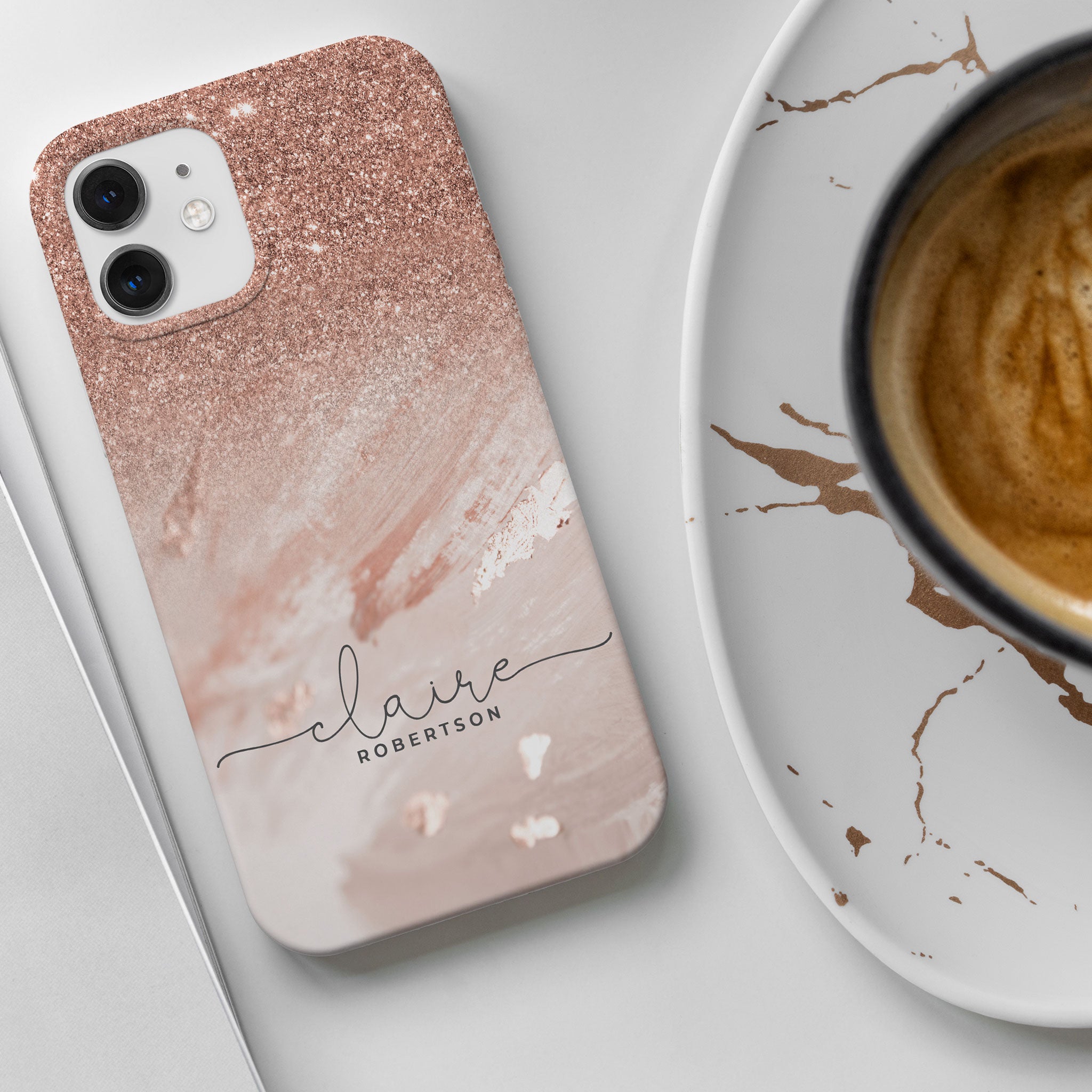 Personalised Hard Phone Case Sequin Rose Gold Marble