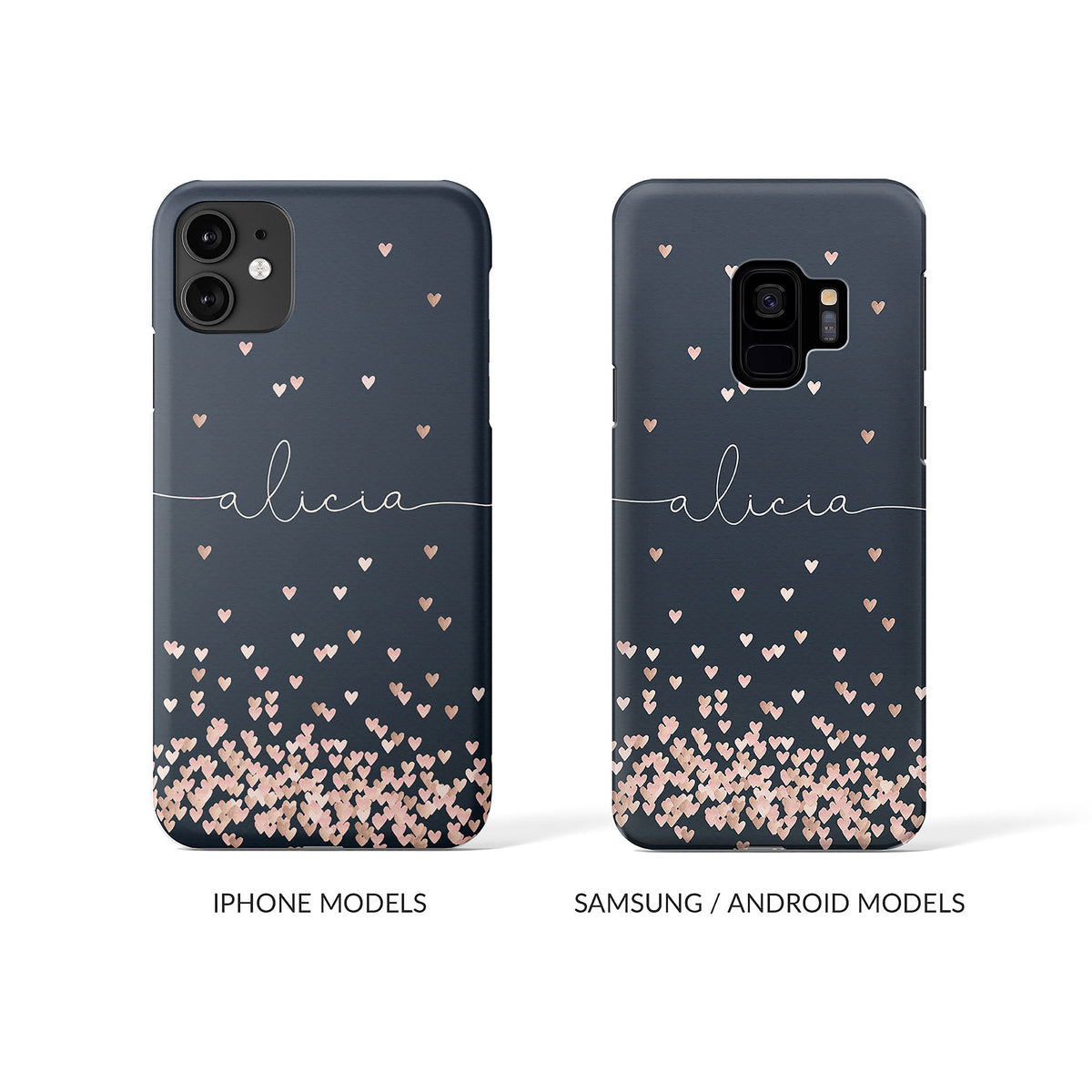 Personalised Hard Phone Case Rose Gold Falling Hearts