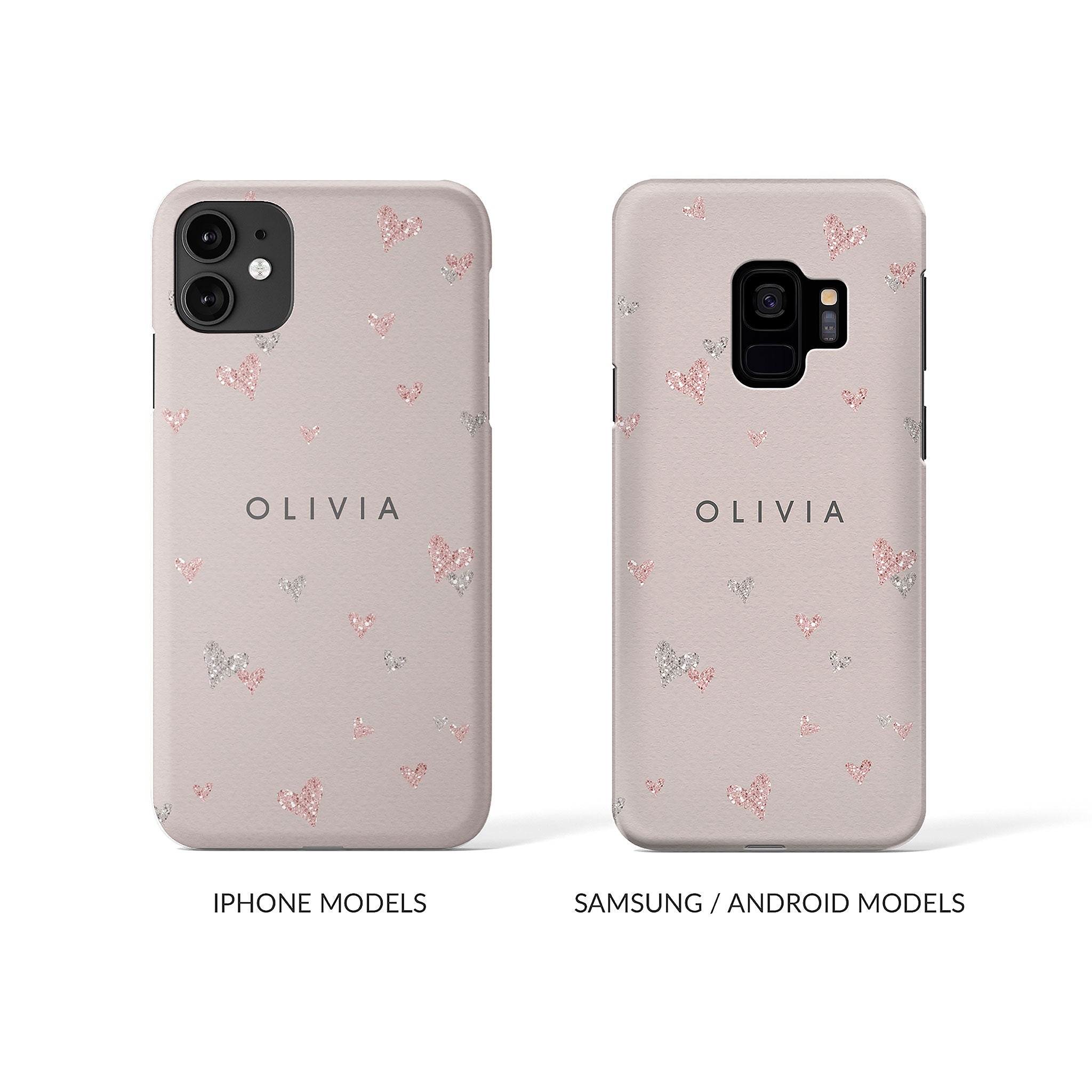 Personalised Hard Phone Case Hearts Pink Silver Glitter