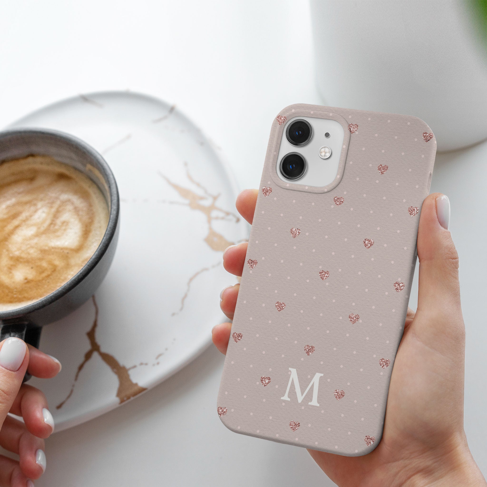 Personalised Hard Phone Case Polka Hearts Pink
