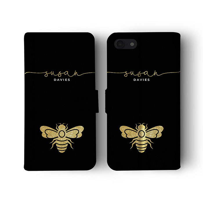 Personalised Wallet Flip Case Custom Name Golden Honeybee Bumblebee