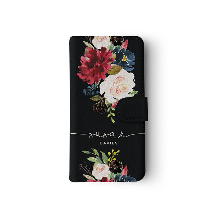 Personalised Wallet Flip Case Custom Name Vintage Roses Peony Bouquet
