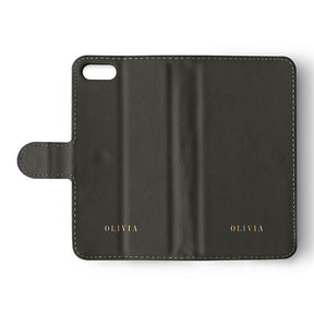 Personalised Wallet Flip Case Custom Name Gold on Dark Gray