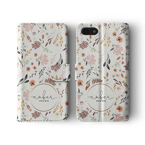 Personalised Wallet Flip Case Custom Name Autumn Flowers on White