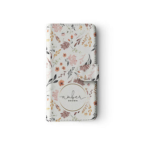 Personalised Wallet Flip Case Custom Name Autumn Flowers on White