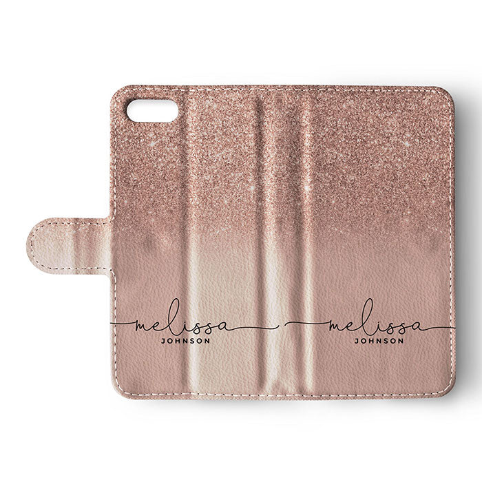 Personalised Wallet Flip Case Custom Name Rose Gold Blush Sequin Ombre