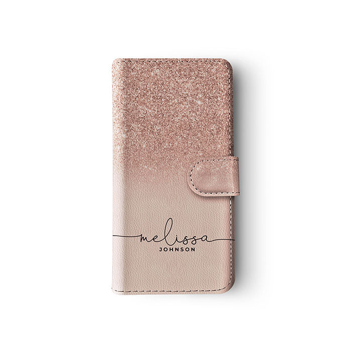 Personalised Wallet Flip Case Custom Name Rose Gold Blush Sequin Ombre