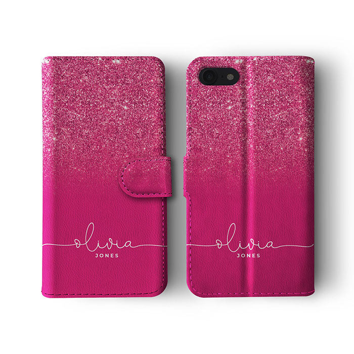 Personalised Wallet Flip Case Custom Name Purple Pink Magenta Glitter Ombre