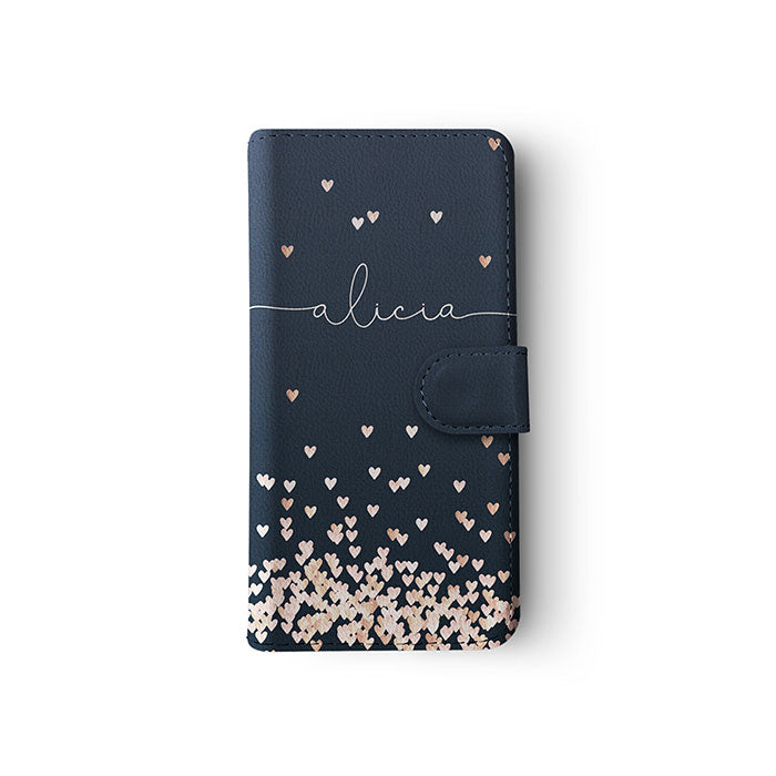 Personalised Wallet Flip Case Rose Gold Falling Heart Rain