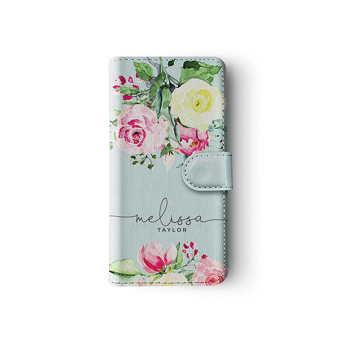 Personalised Wallet Flip Case Custom Name Floral English Roses Vintage