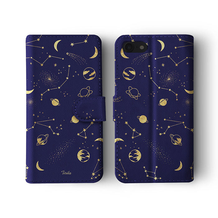 Wallet Flip Case Gold Planets Constellation Moon Stars