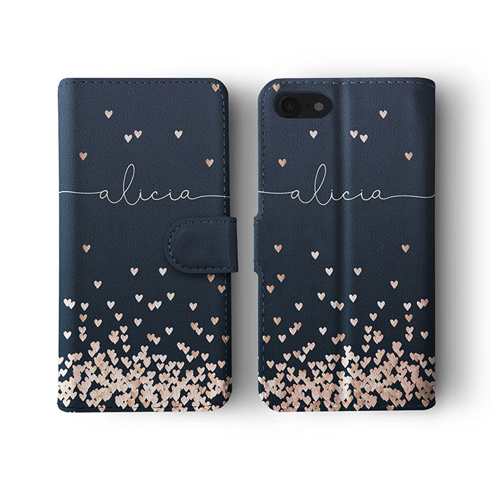 Personalised Wallet Flip Case Rose Gold Falling Heart Rain