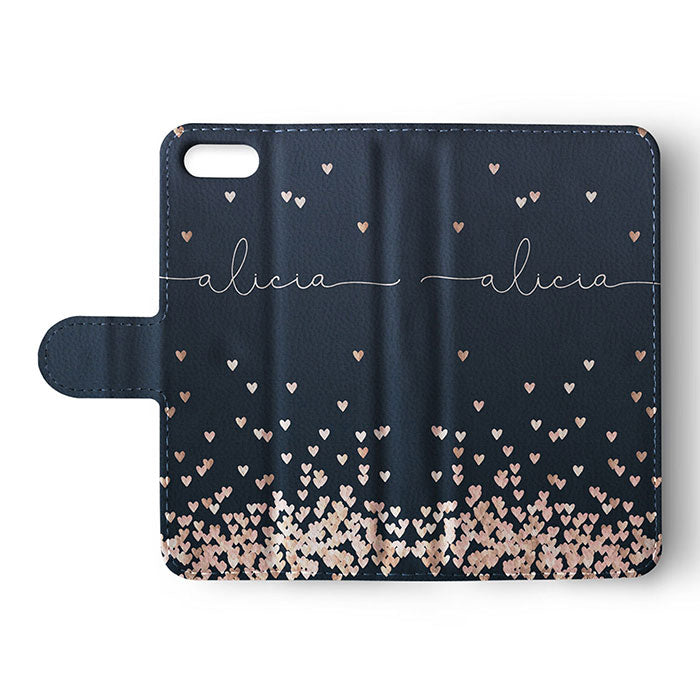 Personalised Wallet Flip Case Rose Gold Falling Heart Rain