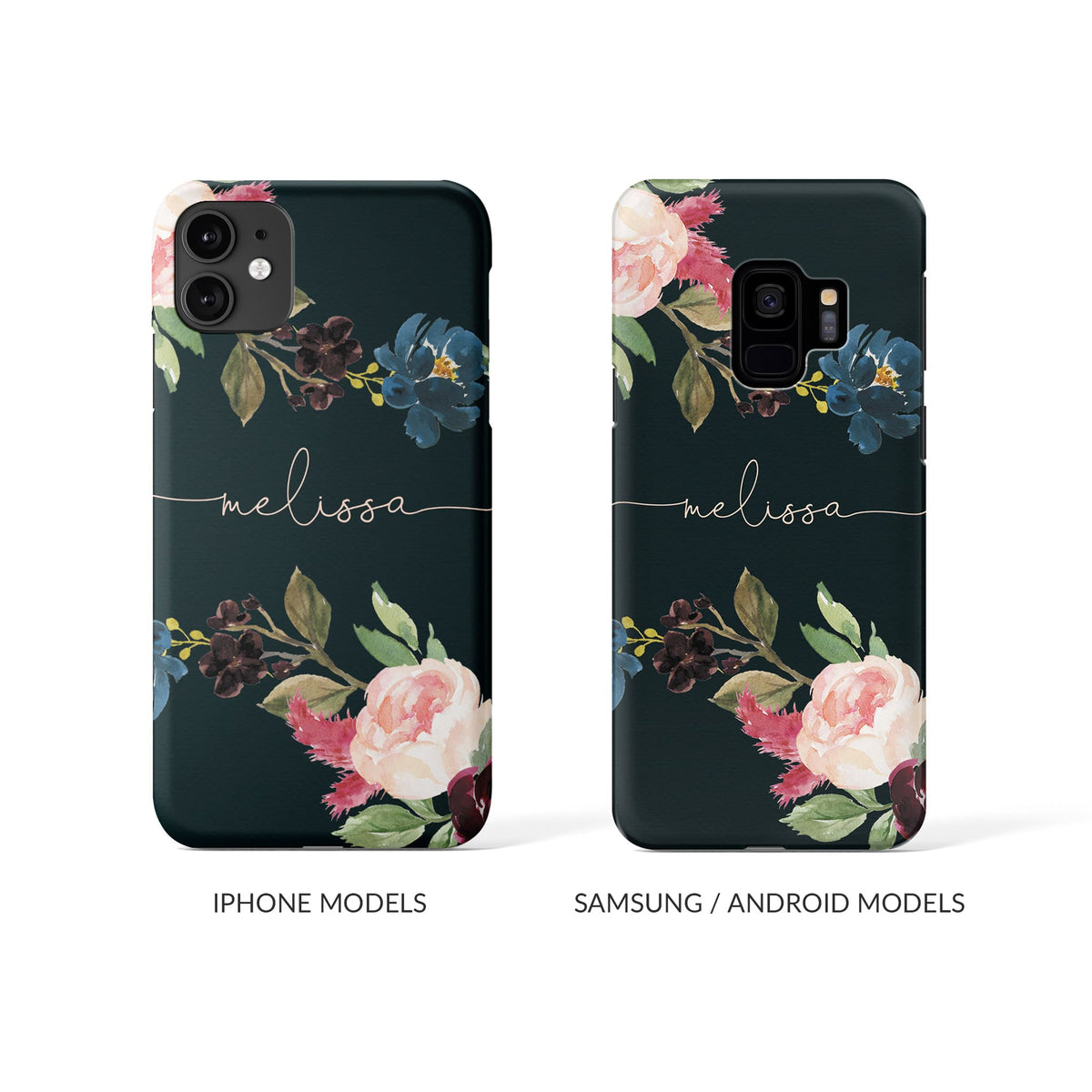 Personalised Hard Phone Case Black Floral Roses