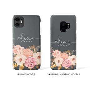 Personalised Hard Phone Case Grey Floral Rose Bloom