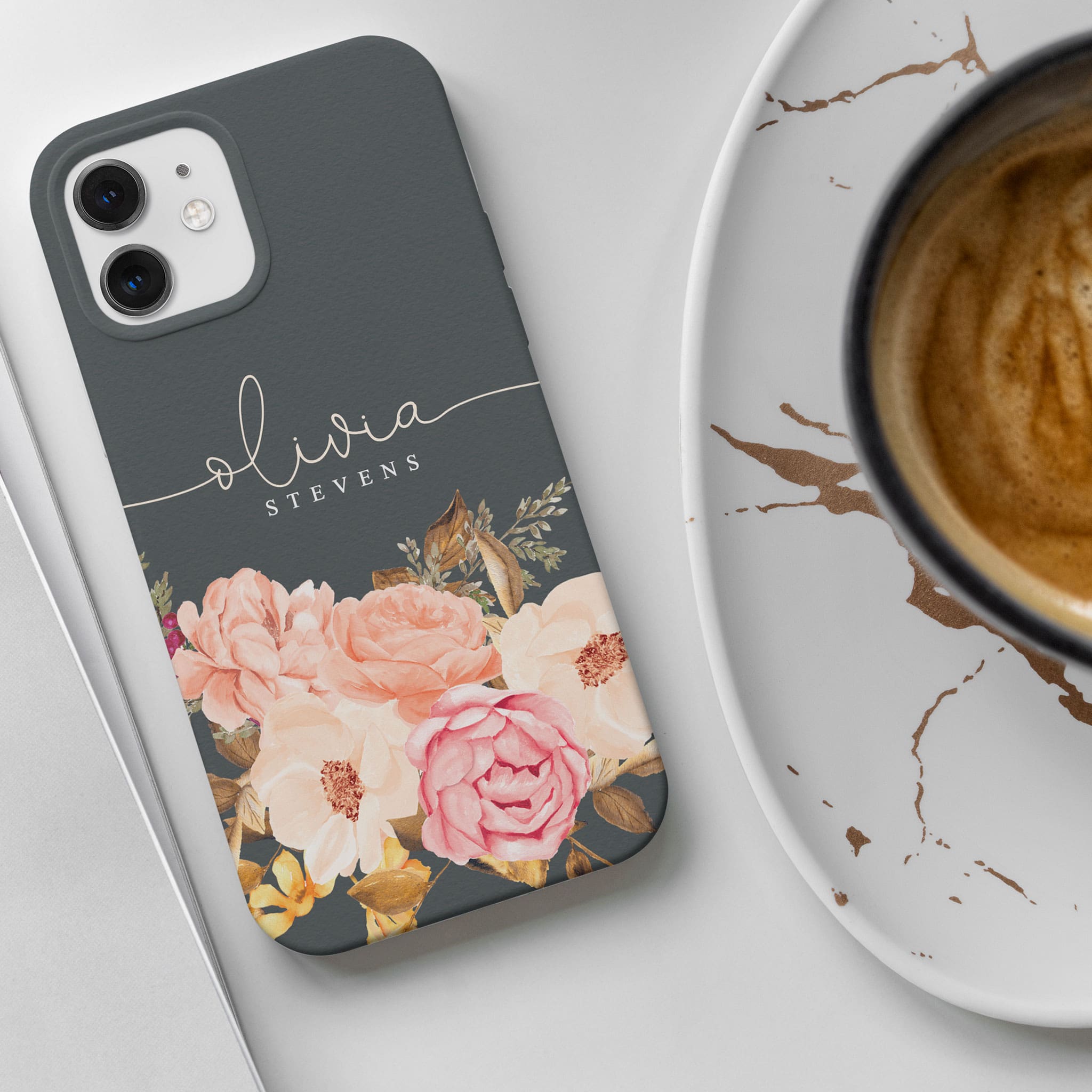 Personalised Hard Phone Case Grey Floral Rose Bloom