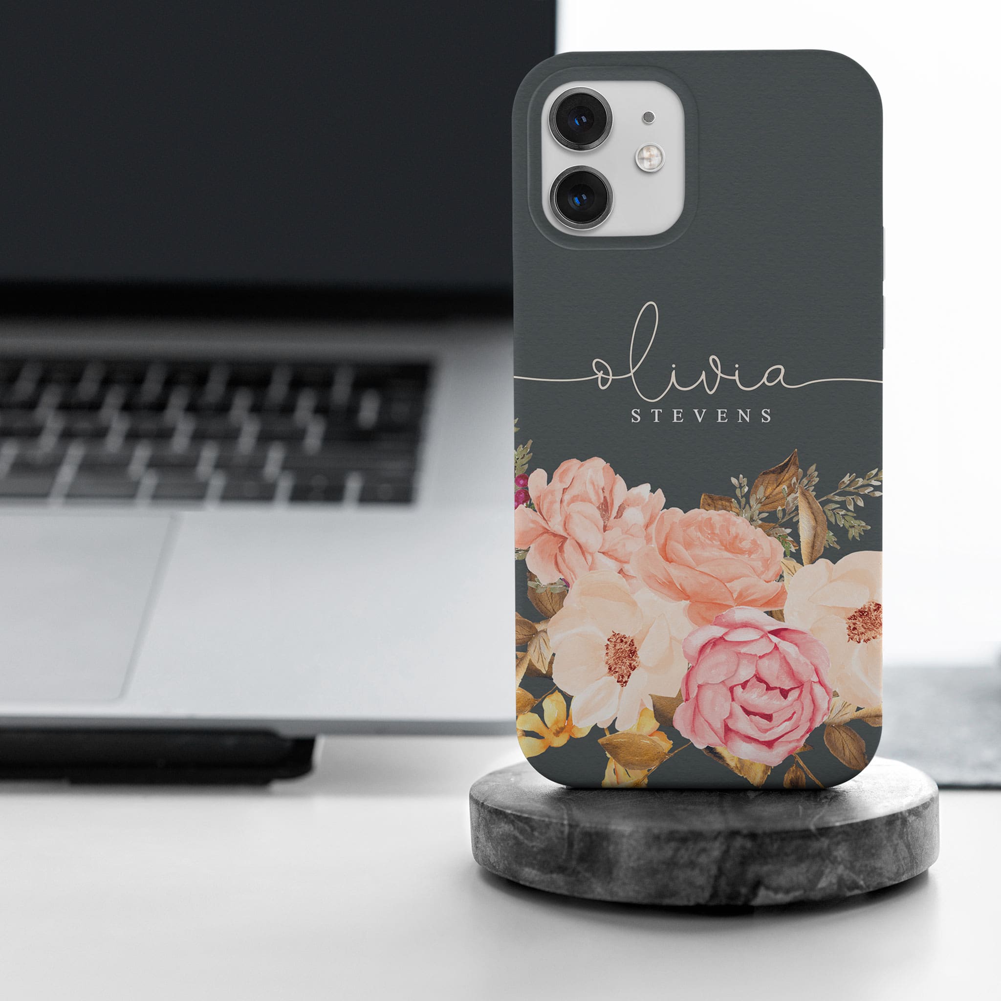 Personalised Hard Phone Case Grey Floral Rose Bloom