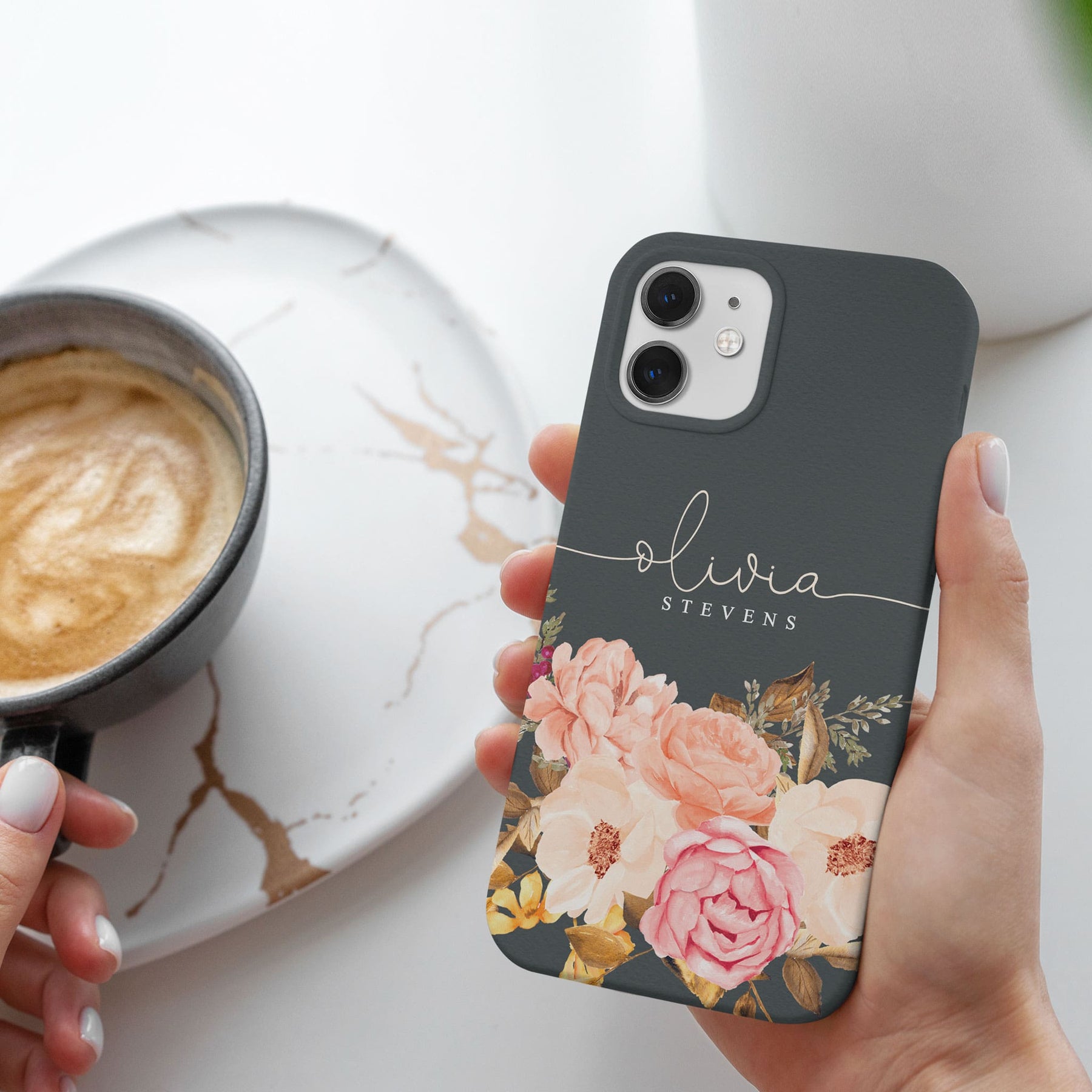 Personalised Hard Phone Case Grey Floral Rose Bloom