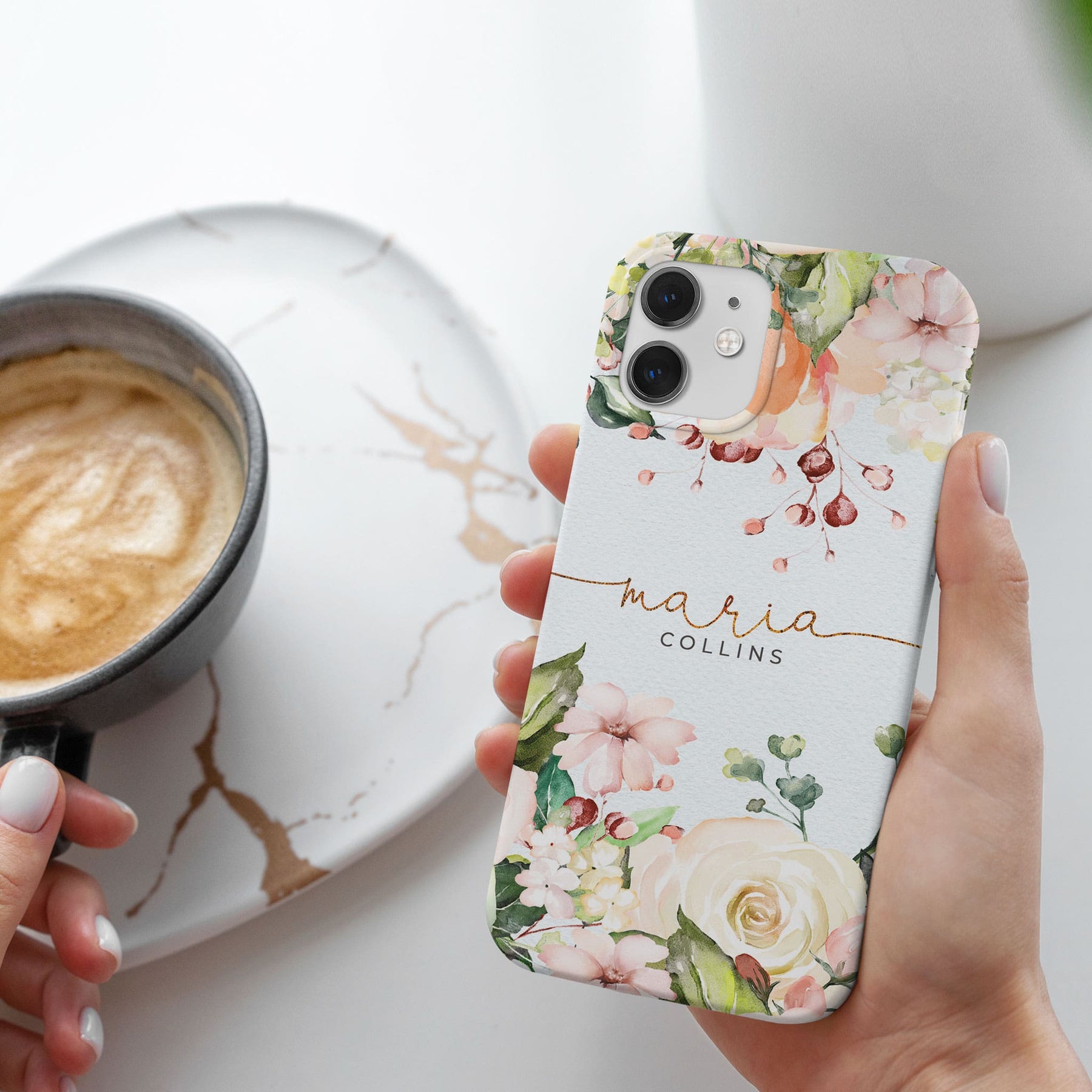 Personalised Hard Phone Case White Floral Roses