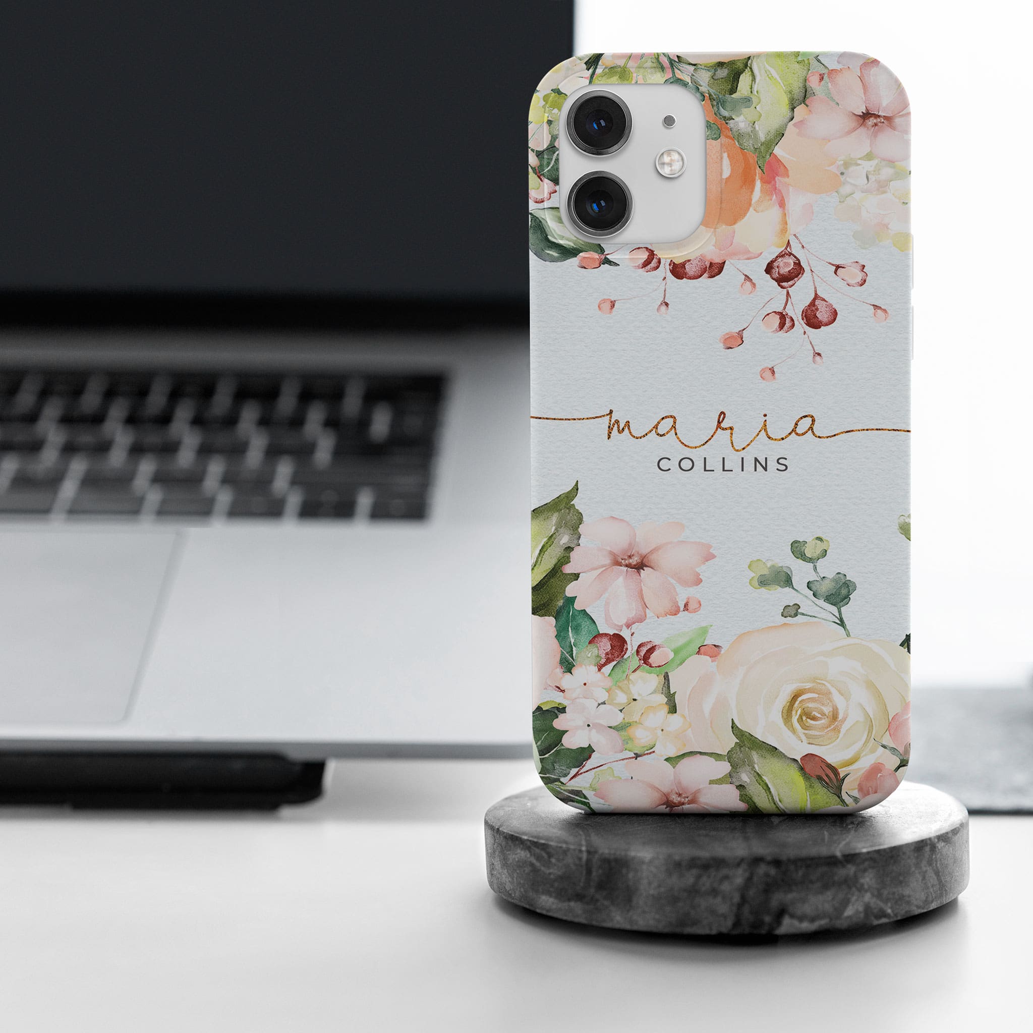 Personalised Hard Phone Case White Floral Roses