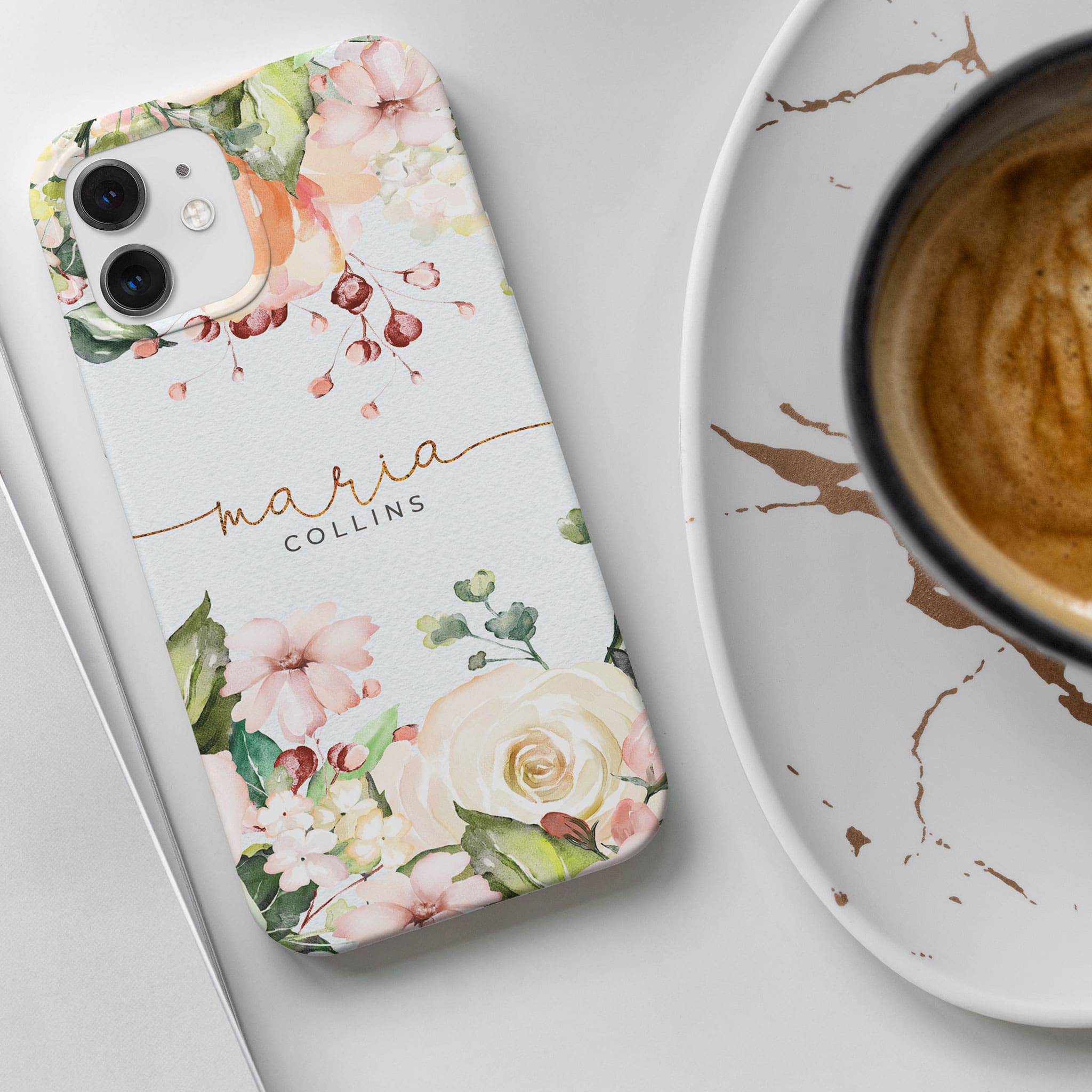 Personalised Hard Phone Case White Floral Roses