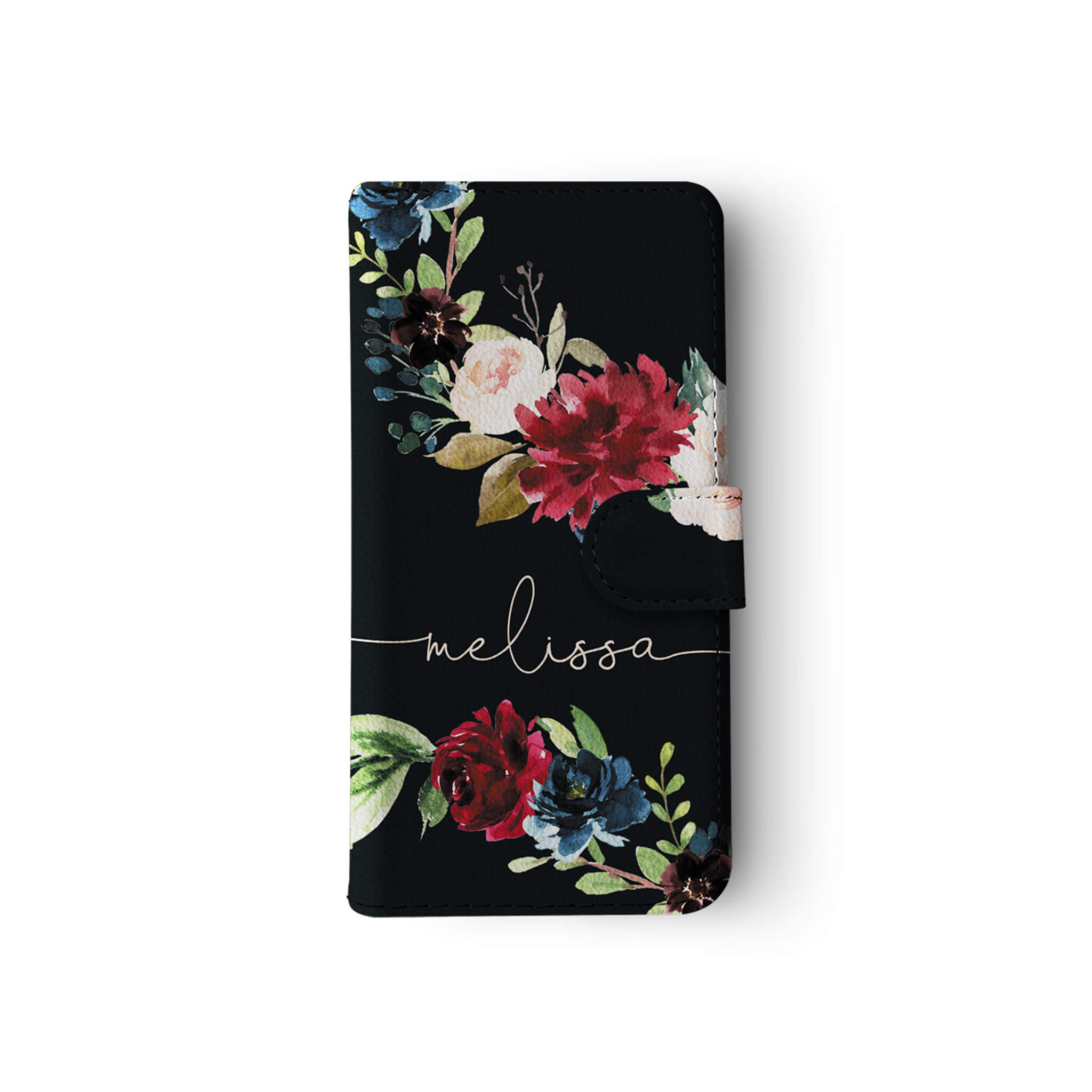 Personalised Wallet Flip Case Black Floral Rose Bloom