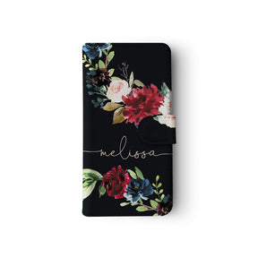 Personalised Wallet Flip Case Black Floral Rose Bloom
