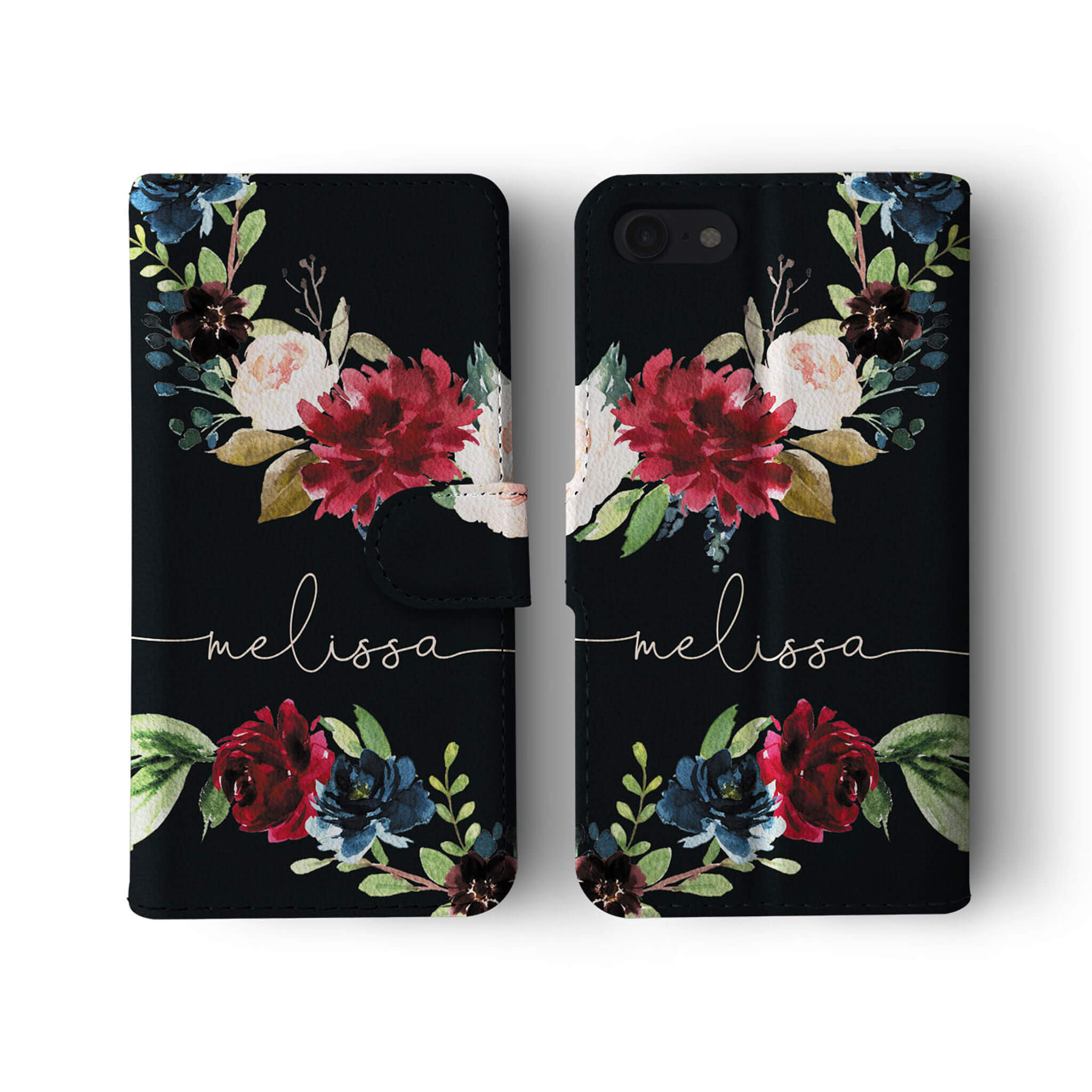 Personalised Wallet Flip Case Black Floral Rose Bloom