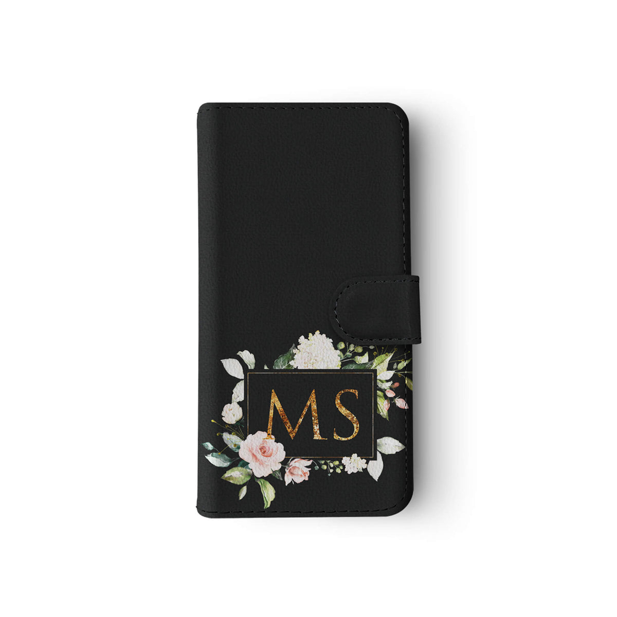 Personalised Wallet Flip Case Black Floral Roses
