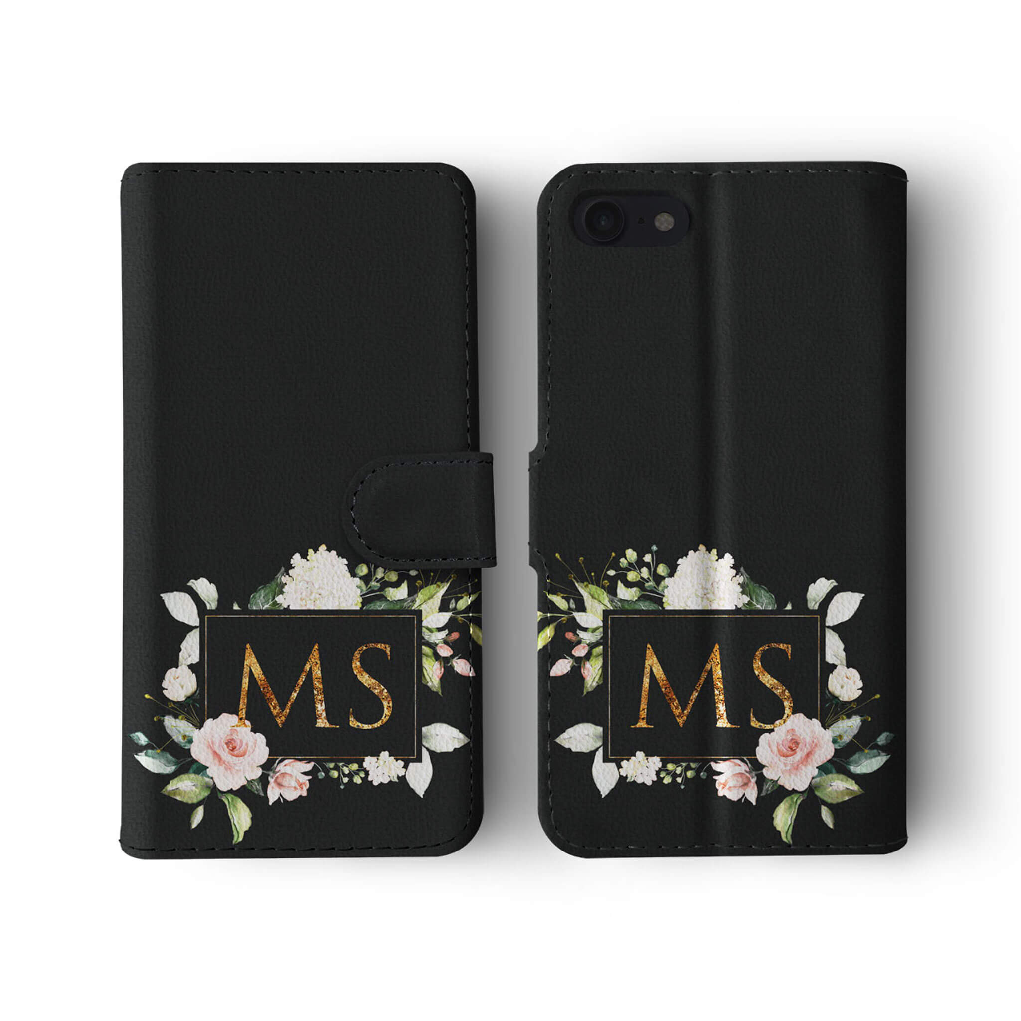 Personalised Wallet Flip Case Black Floral Roses