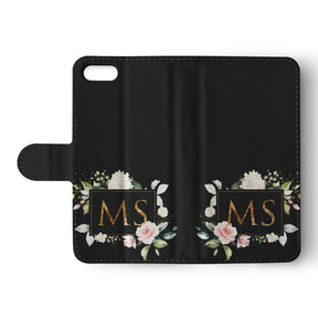 Personalised Wallet Flip Case Black Floral Roses