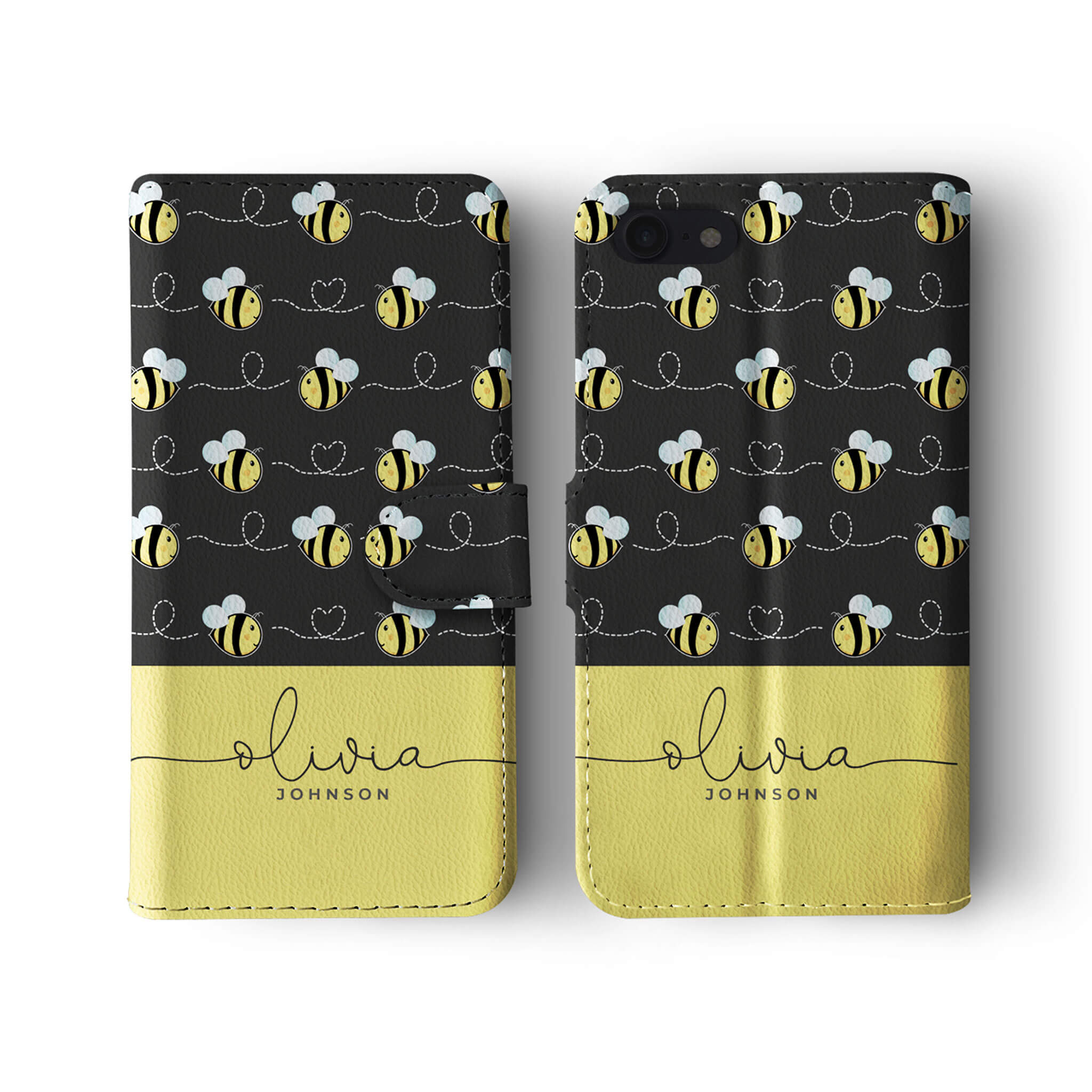 Personalised Wallet Flip Case Black Yellow Bees